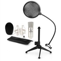 CM001S mikrofónová sada V2 - kondenzátorový mikrofón, mikrofónový stojan, pop filter, strieborná far...